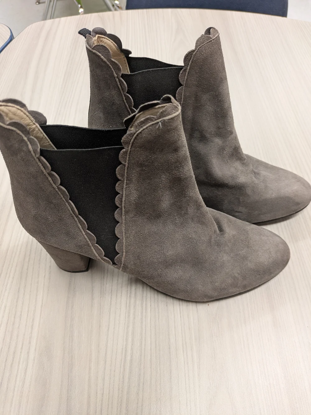 Boden Gray Suede Scalloped Ankle Booties